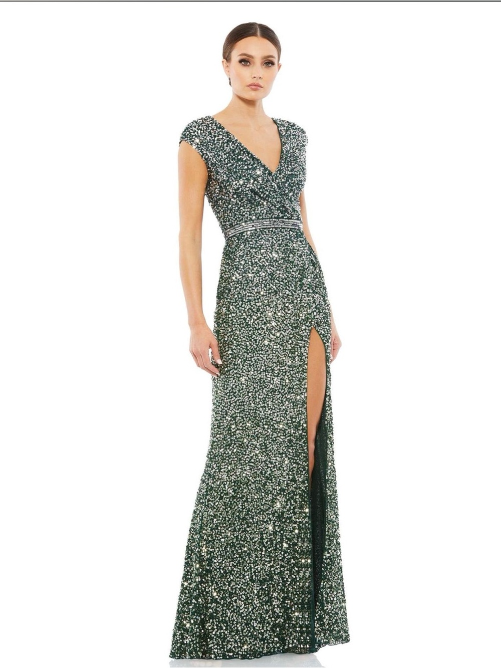 Mac Duggal Emerald Sequin V-Neck Prom Gown with High Slit